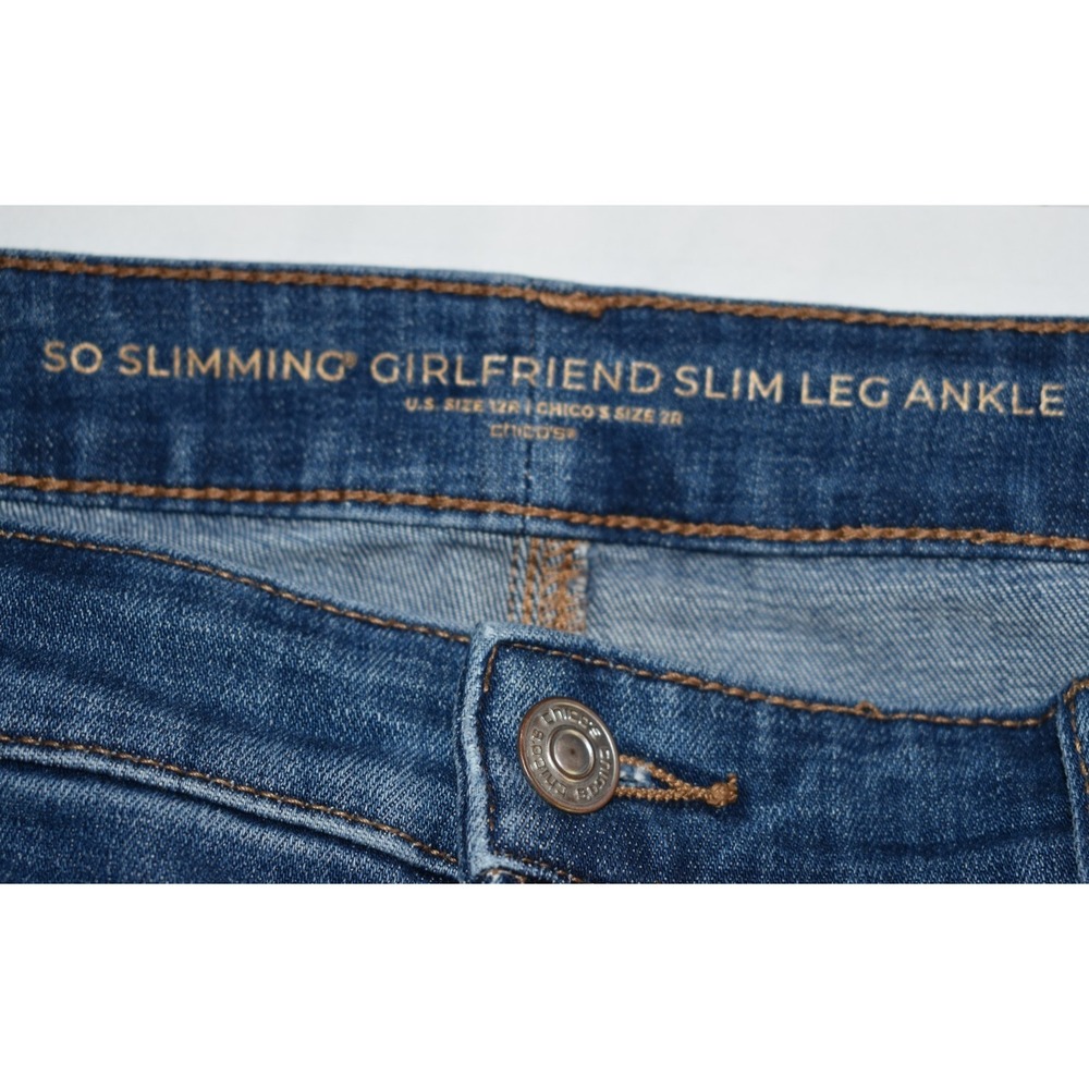 Chicos 2R/12 So Slimming Girlfriend Slim Leg Ankle Jeans Blue 5-Pocket Raw Hem - Picture 3 of 16
